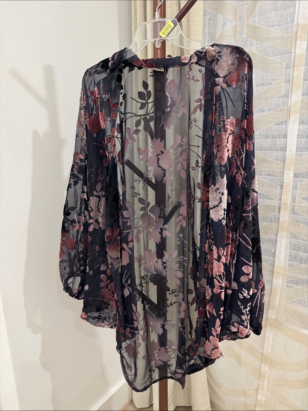 Sheer Black Floral Kimono Cardigan with Pink Accents